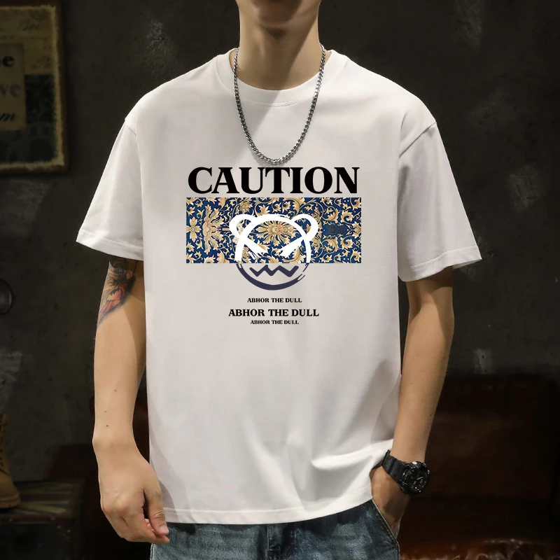 男士夏季纯棉宽松圆领短袖T恤青年时尚百搭休闲套头衬衫