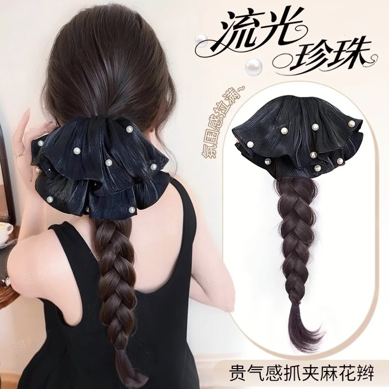 假发辫子抓夹女气质珍珠蕾丝发圈发饰千金感马尾假发清凉感马尾辫