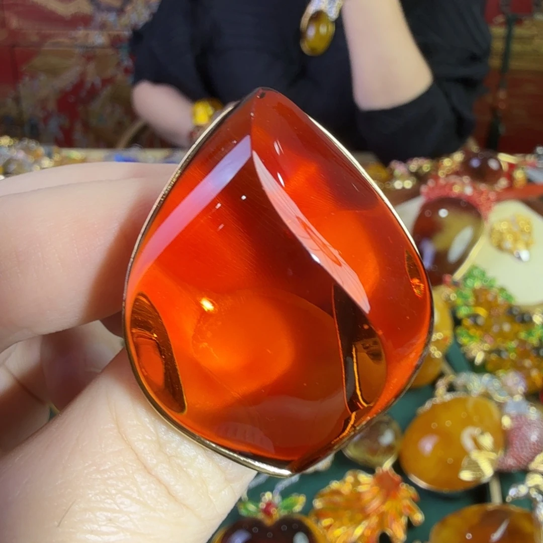 血珀银S925镀金镶嵌戒指