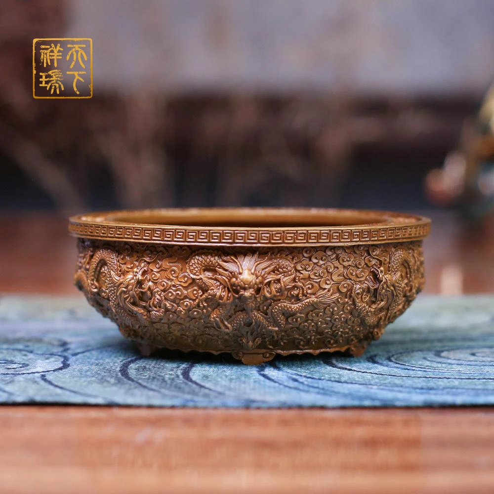 天下祥瑞 12#十二生肖云龙盆黄铜玄关办公室书房国风传承聚宝盆