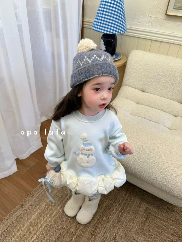 敏敏”OP强推蓝色雪人花朵卫衣裙女童秋冬加绒加厚上衣裙77015