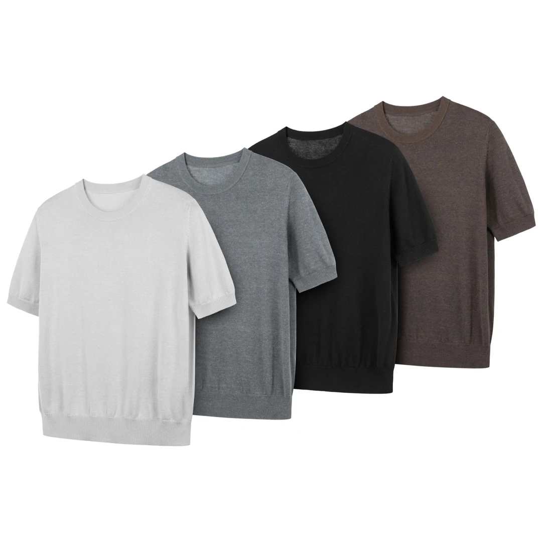 DESERTO Coolmax冰丝长绒棉混纺收袖螺纹正肩Slim毛织短袖T恤男