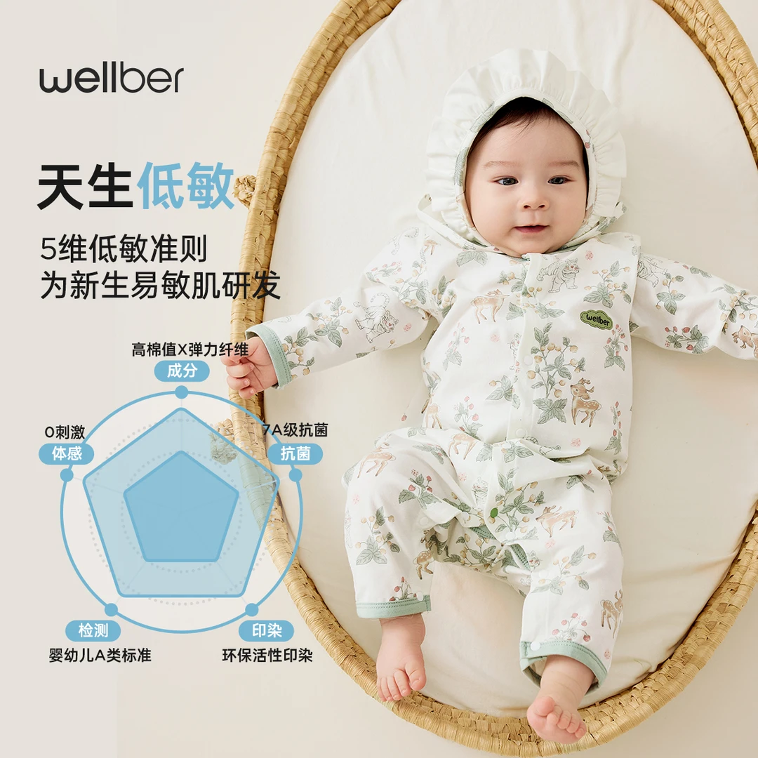 wellber/威尔贝鲁儿童百天满月女宝秋款对襟哈衣新生儿连体衣24新