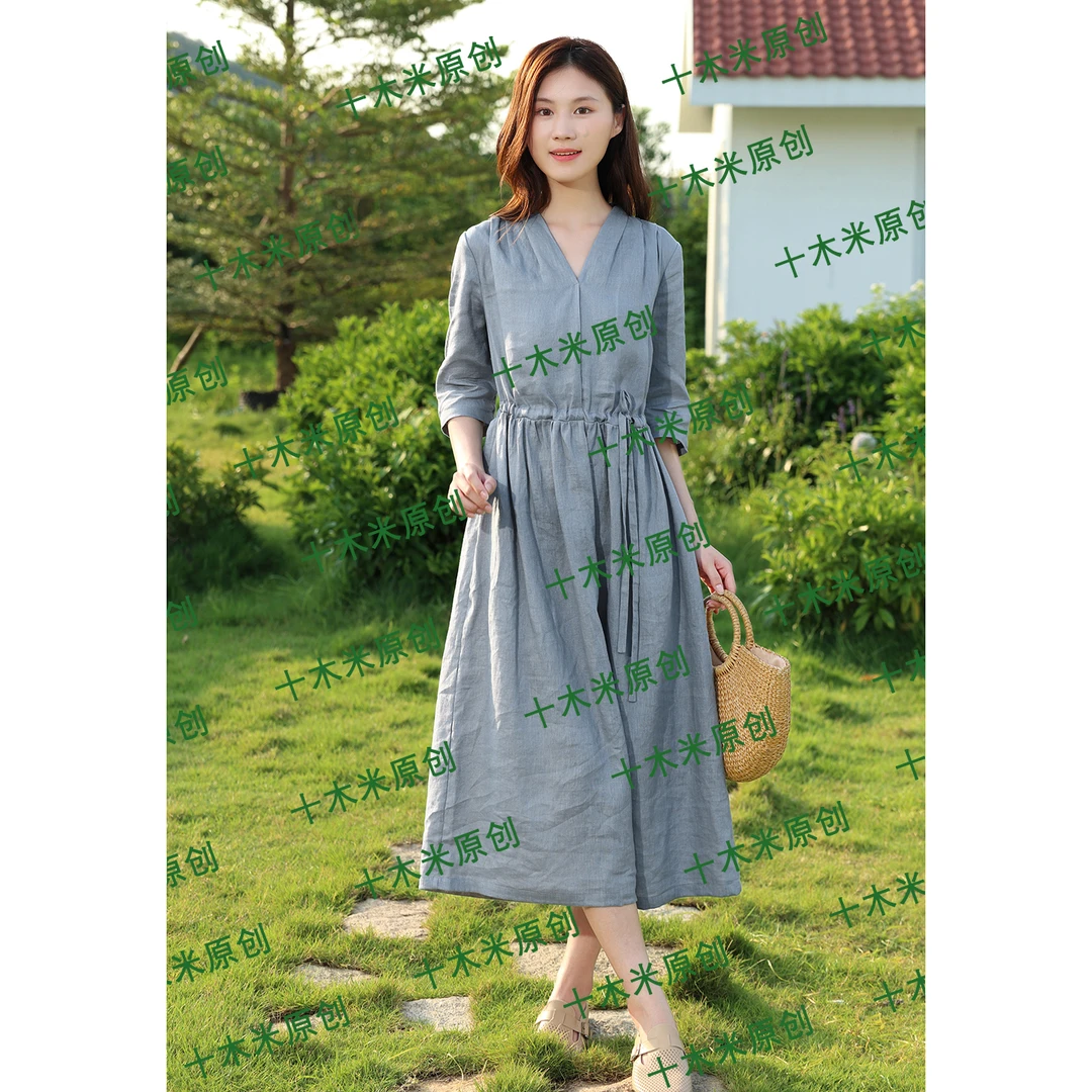 梨花溪/十木米原创夏款百分百亚麻文艺气质优雅显瘦长款连衣裙