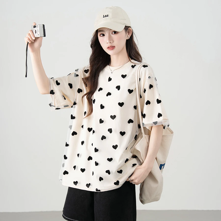 网纱拼接假两件宽松短袖T恤女2025夏季新款设计感休闲百搭上衣潮