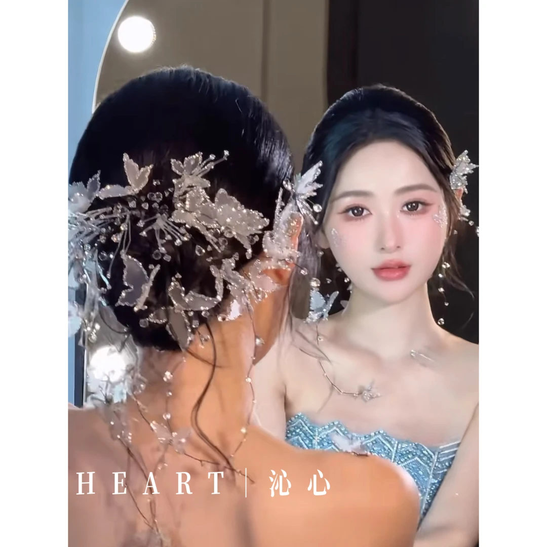 沁心｜新娘头饰花落蝴蝶少女手作薄纱碎钻后区