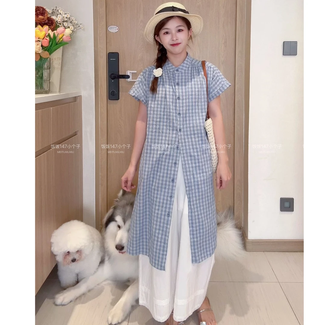 【饭饭定制】小个子复古格子度假风衬衫搭休闲裤时尚套装