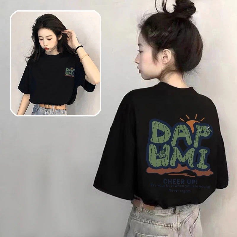 宽松小众百搭纯棉短袖t恤遮肚子女黑色短款显瘦上衣美式大码洋气