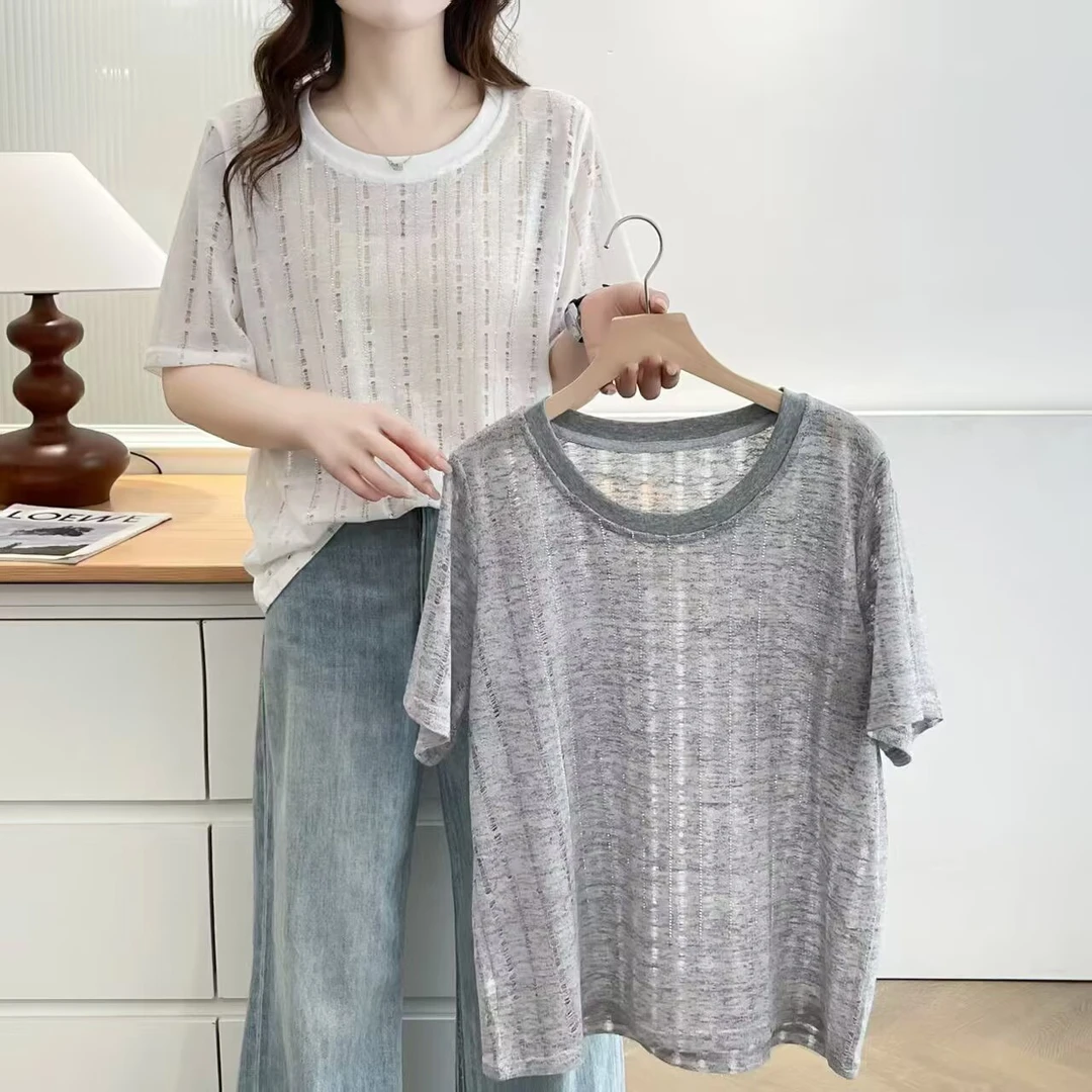 JIANAOBEN/简澳本夏季薄款宽松大码镂空烫钻短袖T恤百搭圆领上衣