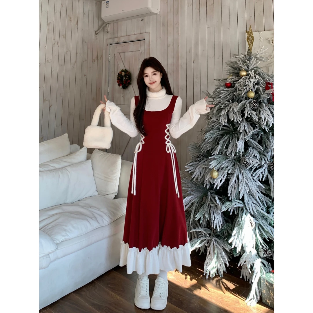 学院风红白撞色2025秋冬新款长袖连衣裙磨毛针织弹力收腰显瘦裙子