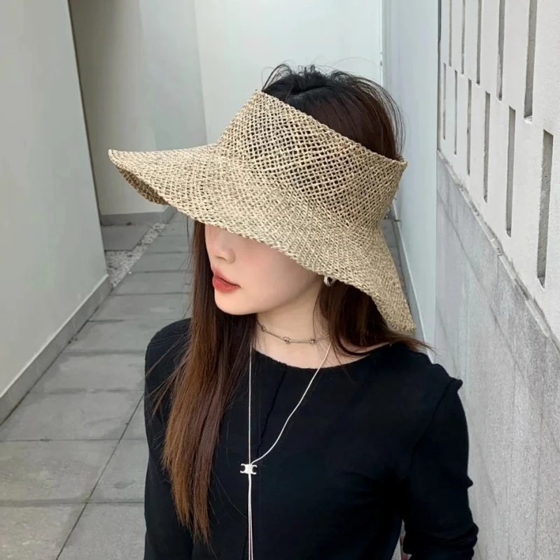 韩系可折叠大帽檐海草编空顶帽子女夏季出游遮阳镂空网眼咸水草帽
