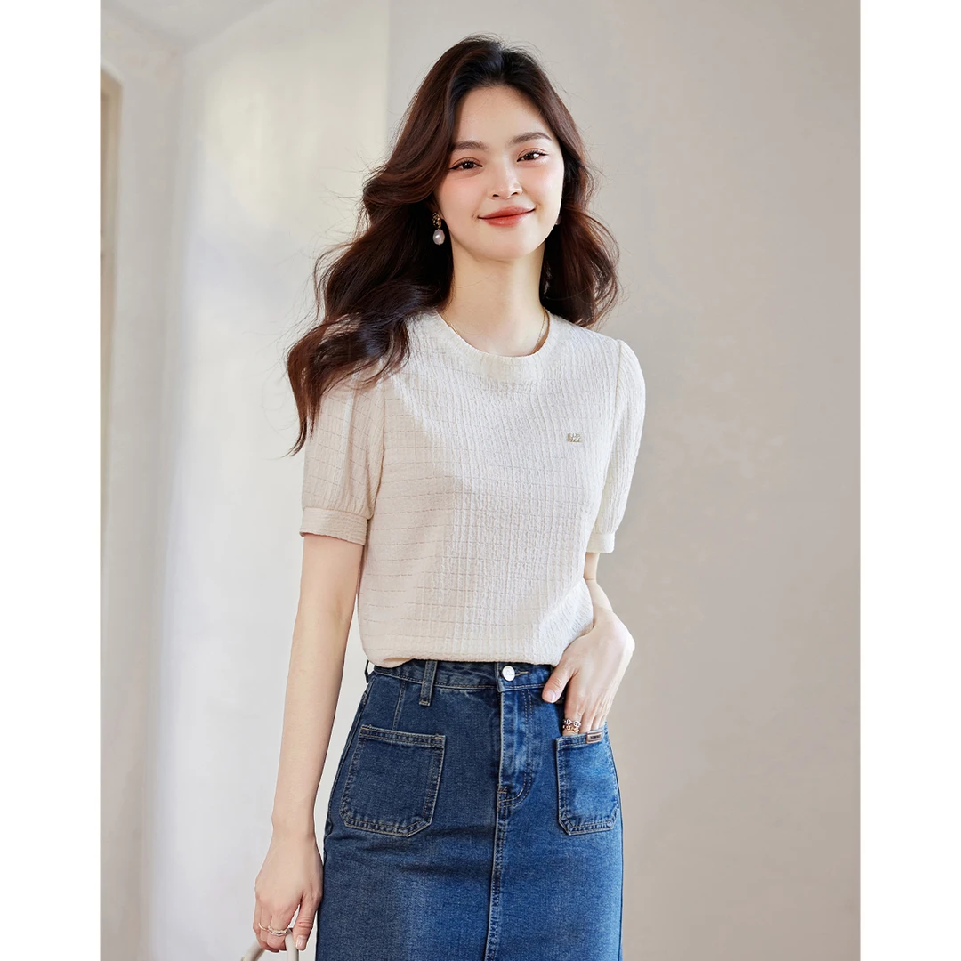 【艾美甄选】圆领几何提花短袖T恤AN24X2523