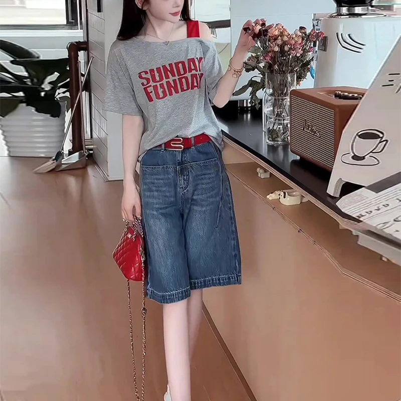 韩风chic一整套时尚字母印花露肩短袖上衣高腰阔腿牛仔五分裤夏季