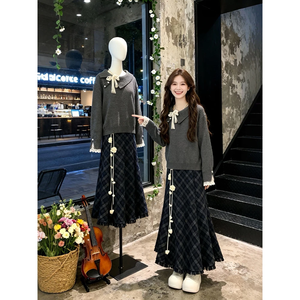 大码女装穿搭一整套胖mm秋冬针织上衣格纹鱼尾半身裙巨好看套装女