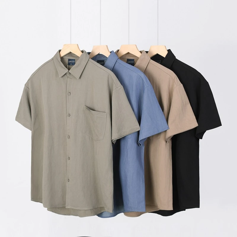 日系复古工装衬衫男士夏季开衫宽松休闲凉感冰丝短袖t恤翻领衬衣