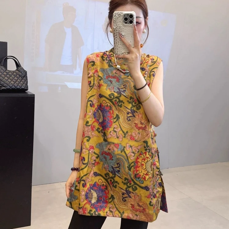 大码女装夏季新款盘扣缎面旗袍立领无袖设计感国风连衣裙马甲