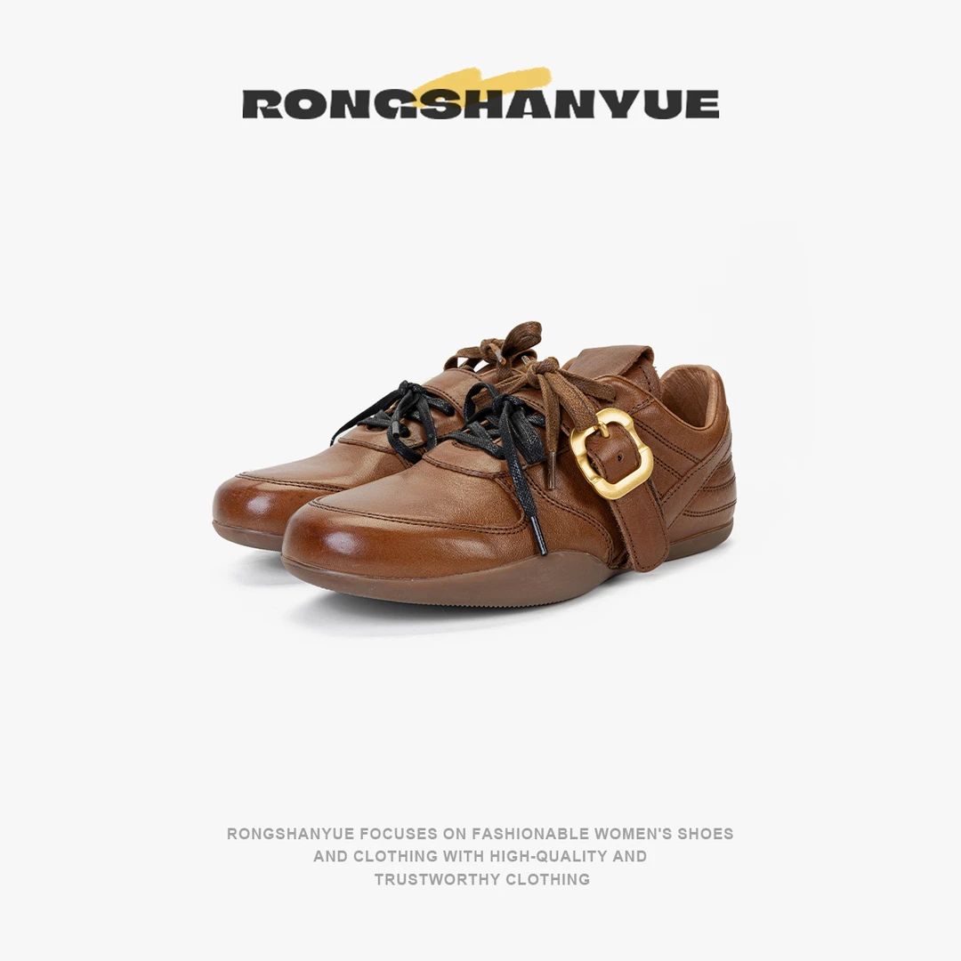 Rongshanyue复古一字扣德训鞋百搭经典时尚运动休闲系带女鞋B1335