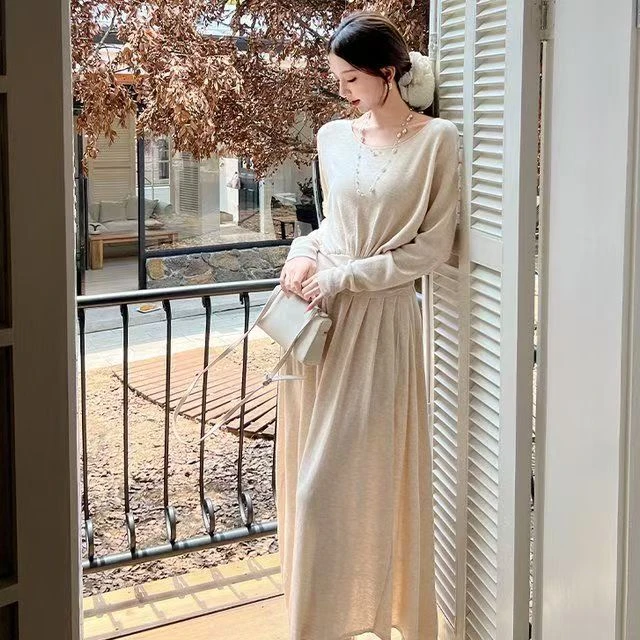 法式慵懒老钱风圆领绑带收腰上衣显瘦➕大摆半身长裙两件套