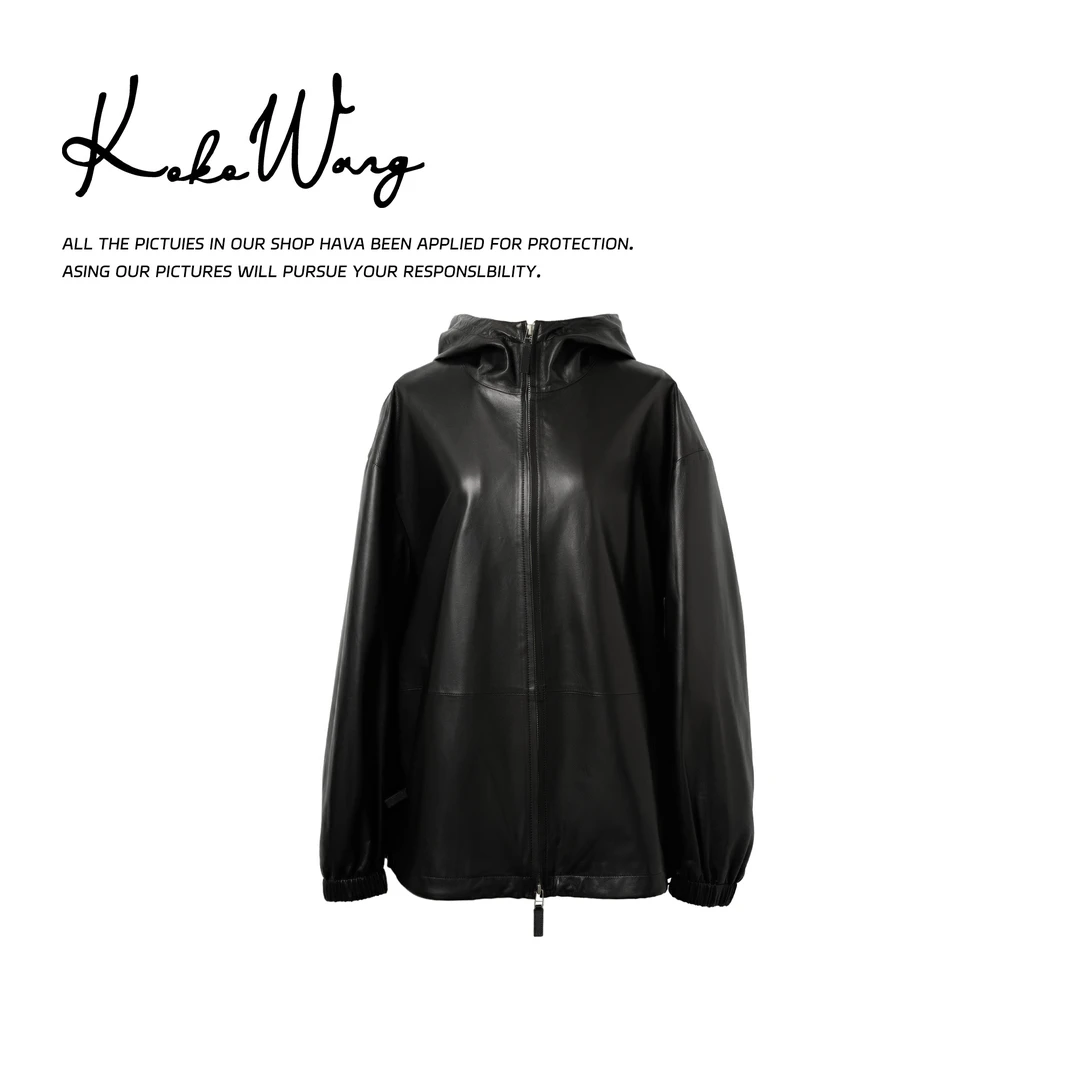 KOKOWANG秋冬设计感字母时尚连帽植鞣小羔羊皮衣外套560685F06W43