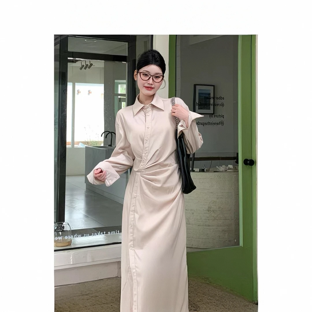 新款大码6382韩版V领长袖衬衫显瘦气质褶皱洋气连衣裙