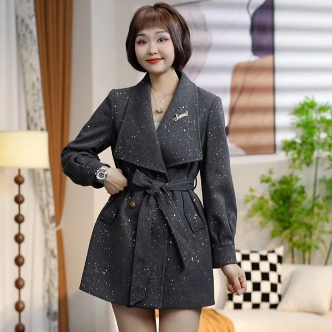 W005春季时尚气质新款大翻领星空毛呢外套DM7