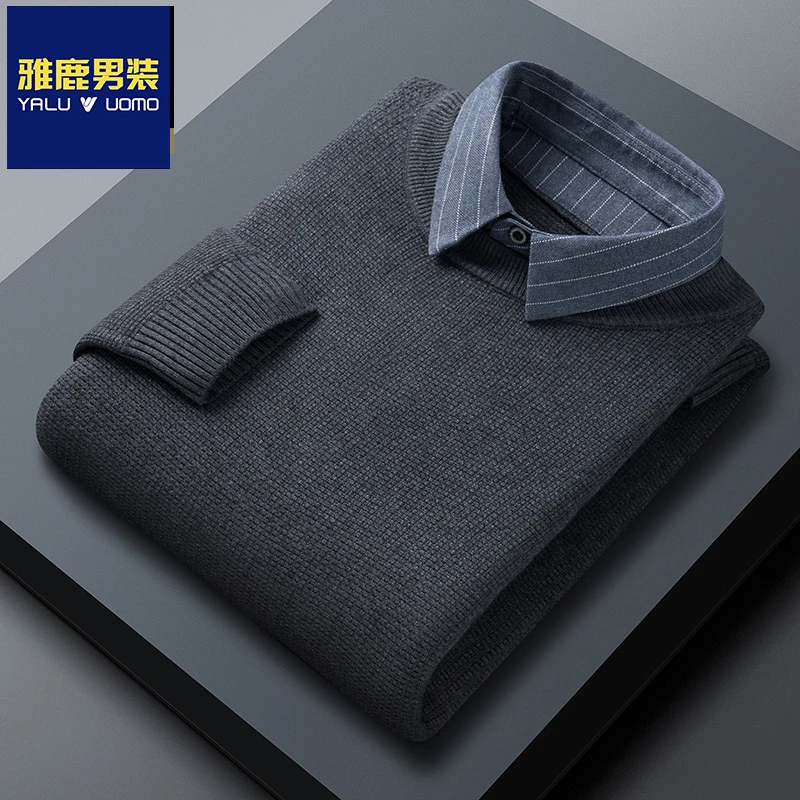 雅鹿男装假两件毛衣男士2024新款中年秋冬季爸爸衬衫领打底针织衫