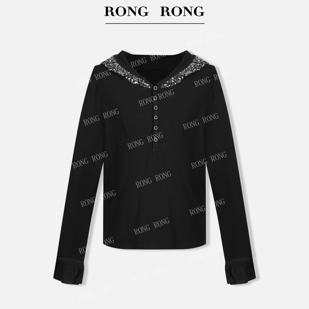 溶溶T【秘境银河】RONGRONG 亮片带帽休闲百搭薄款长袖打底衫 25668