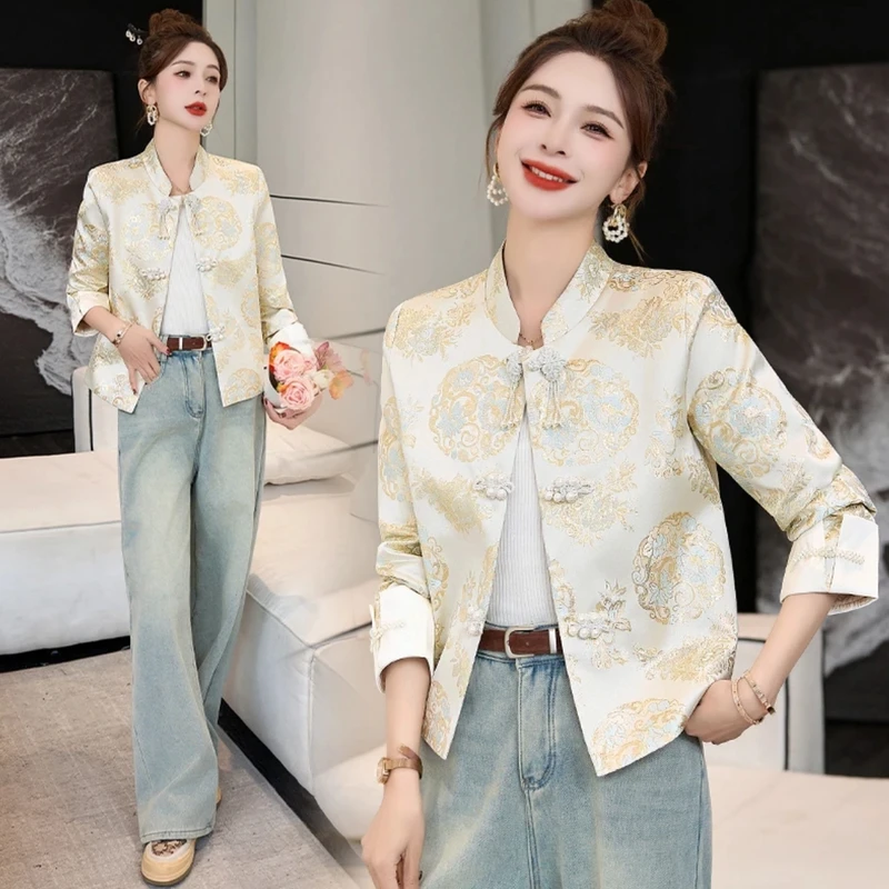 新中式国风外套女春秋新款高端复古优雅气质短款提花刺绣立领外套