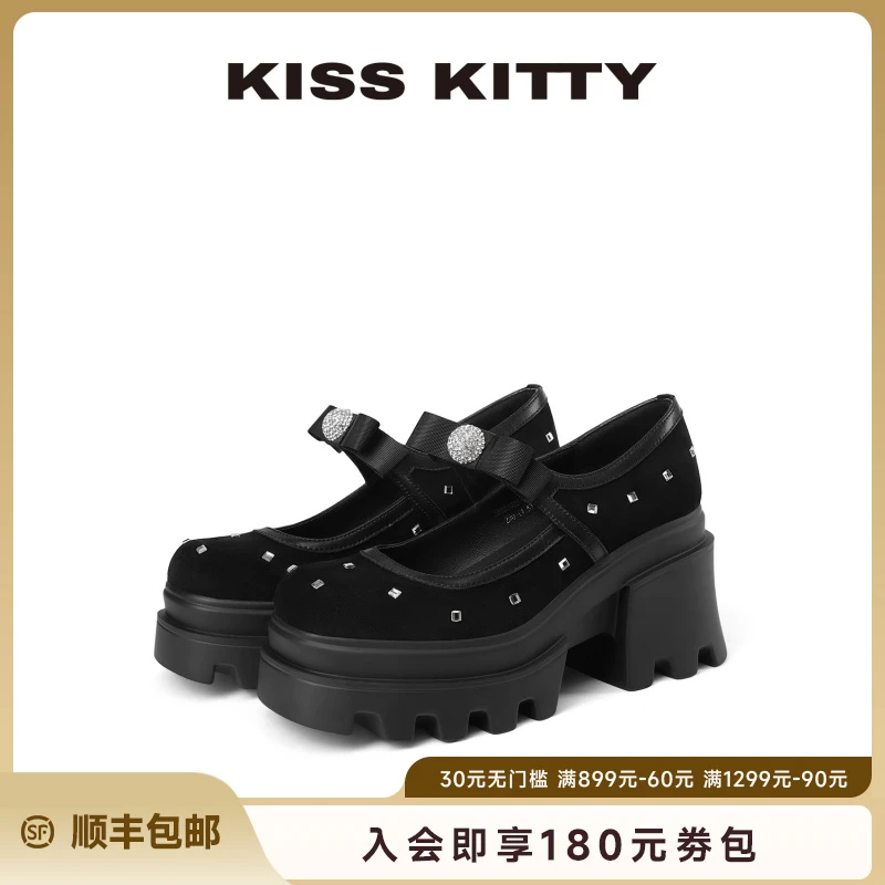 KISSKITTY蝴蝶结玛丽珍25年秋季款黑色厚底女单鞋百搭显瘦
