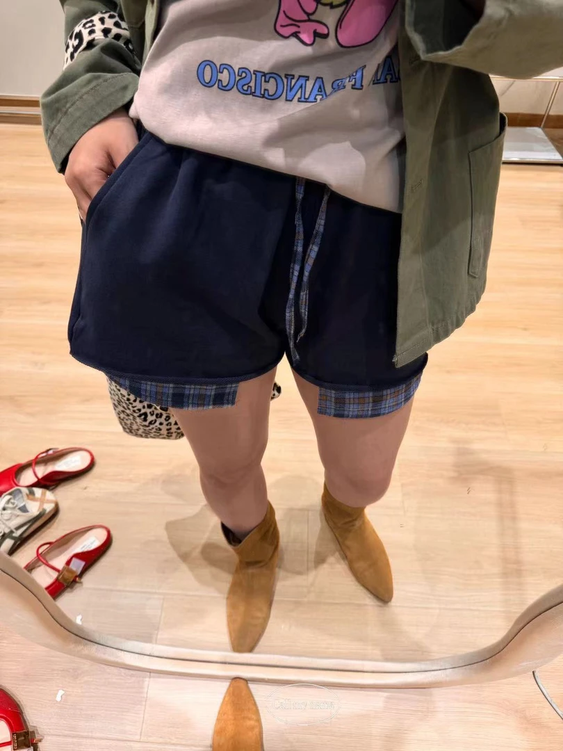 路一.韩国 Seoul代购 Call my name 空心格  拼接短裤 cw2532001