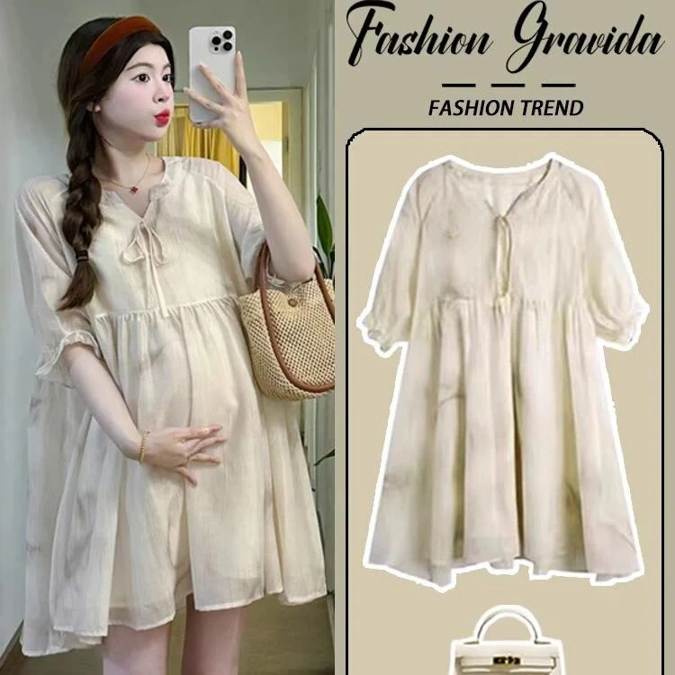 孕妇连衣裙夏装2024新款时尚减龄夏季国风宽松短袖小个子夏天裙子