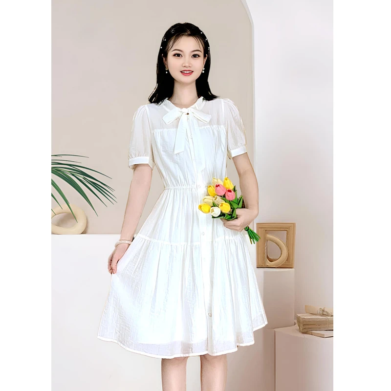 ASY/2025夏季蝴蝶结收腰天丝连衣裙气质显瘦蓝色时尚泡泡袖中长款