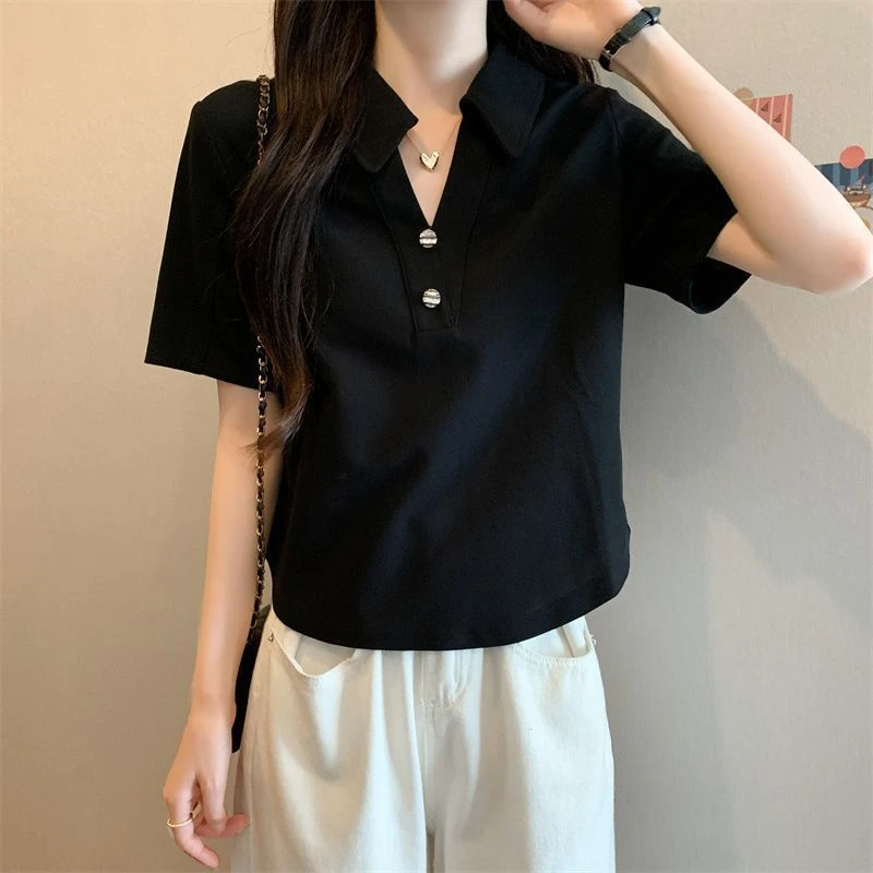 棉质大码宽松V领POLO衫夏季纽扣翻领短袖T恤胖MM小众遮肉减龄上衣