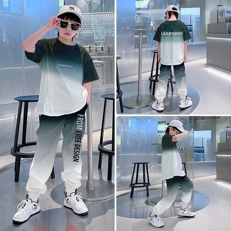 大童男孩夏季潮流套装儿童时尚冰丝渐变两件套男童短袖束脚裤夏装