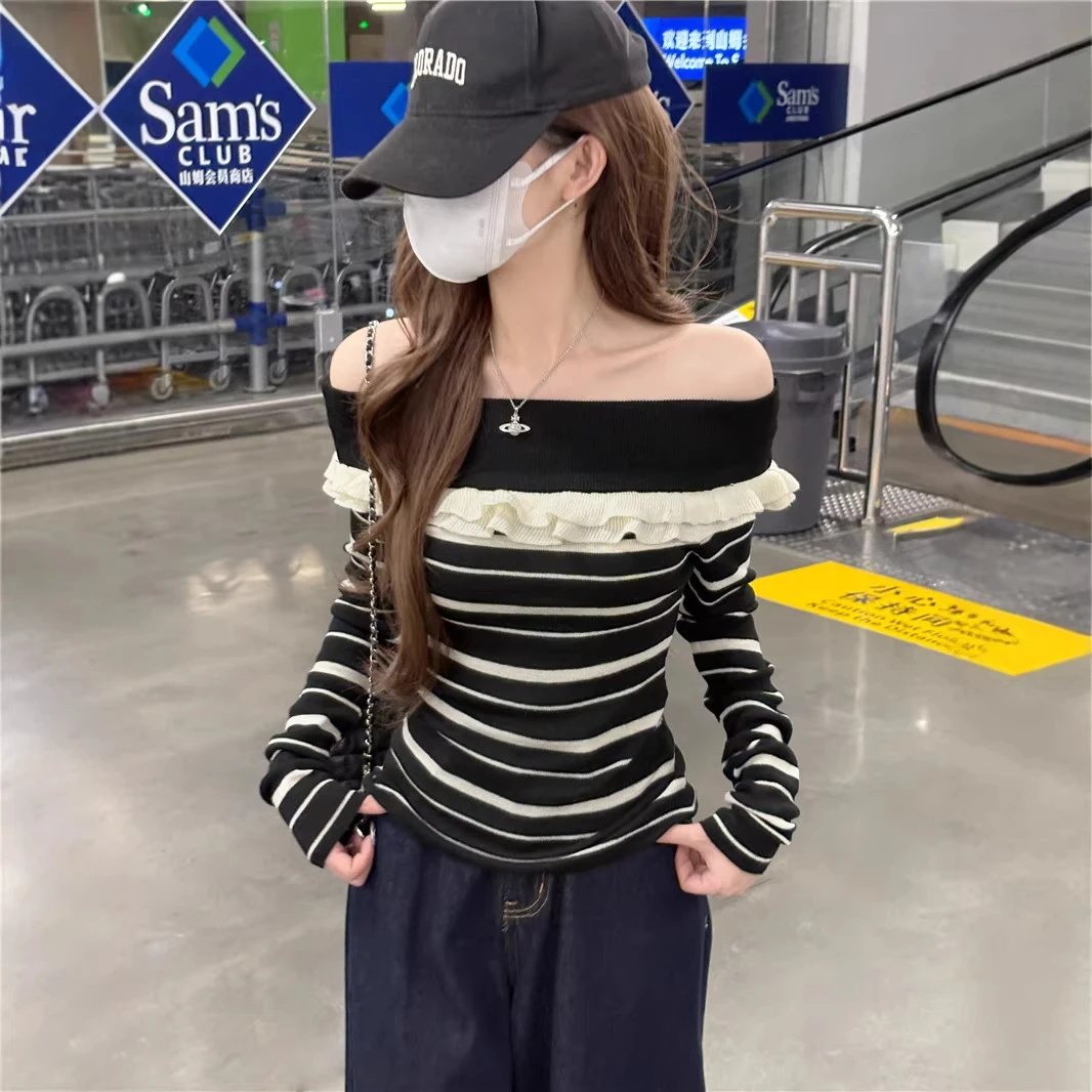 实拍2025荷叶边条纹针织衫女一字肩上衣打底衫内搭超好看