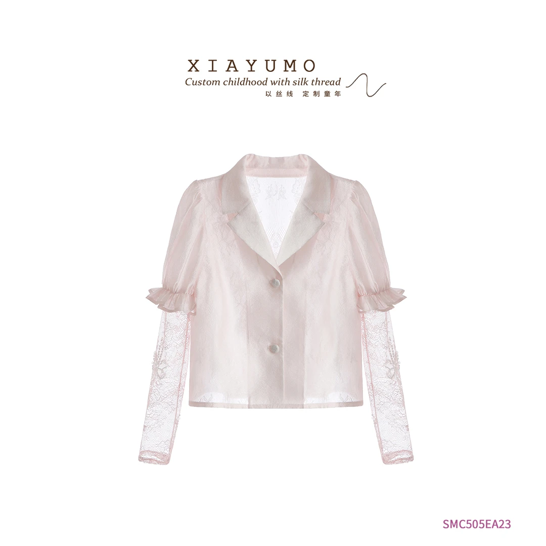 夏羽墨女童春夏新款粉色翻领长袖衬衫拼接蕾丝袖百搭法式衬衣