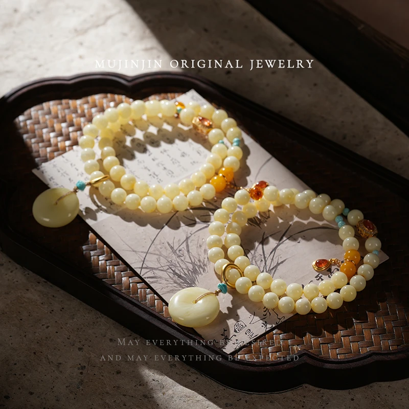 【木槿槿】天然白蜡双圈蜜蜡手链女款约7m国风串珠手串多样性发一