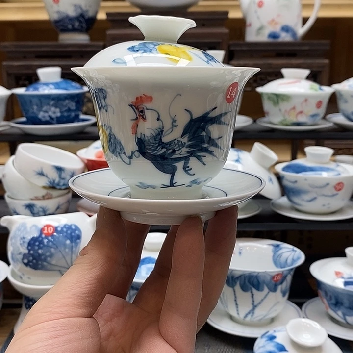 手绘微瑕公鸡盖碗