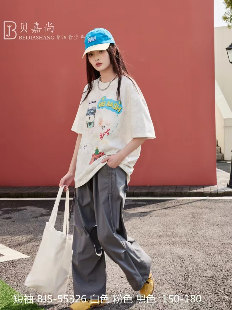 贝嘉尚休闲短袖，夏季，棉，圆领，宽松，时尚，短袖