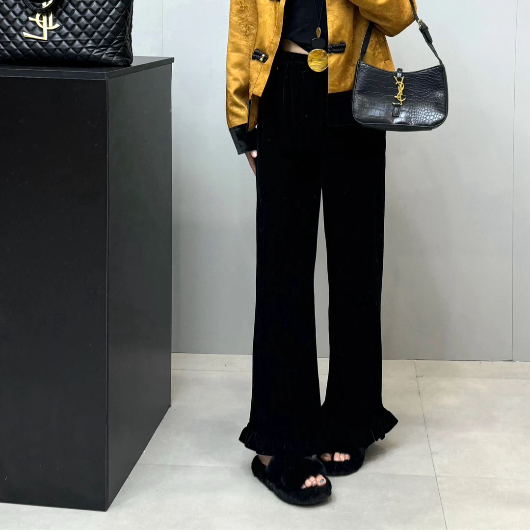高弹力百搭常规休闲裤黑色长裤喇叭裤微喇高腰西装复古丝绒585