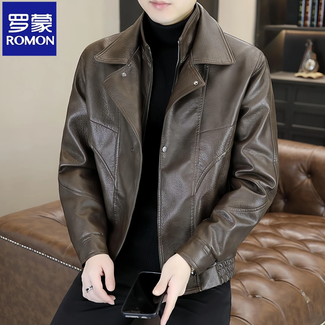 Romon/罗蒙青年秋冬厚款加绒保暖皮衣男士休闲潮牌夹克假两件外套