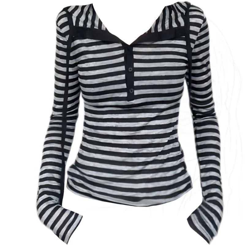 连帽条纹撞色时尚显瘦上衣洋气秋季设计感条纹修身长袖T恤打底衫