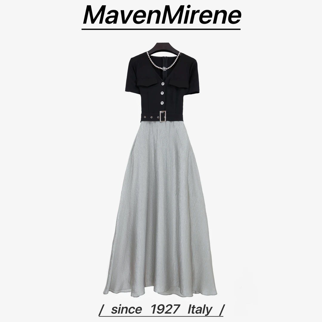 MavenMirene2025夏款意式气质时尚黑色V领银色长裙摆连衣裙8820XY