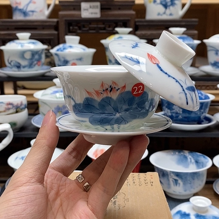 手绘荷花悬停盖碗150cc釉下彩微瑕福利款