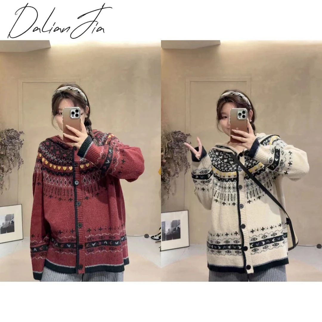 晶咕【费尔岛情书】彩色毛衣复古撞色提花连帽针织上衣时尚宽松