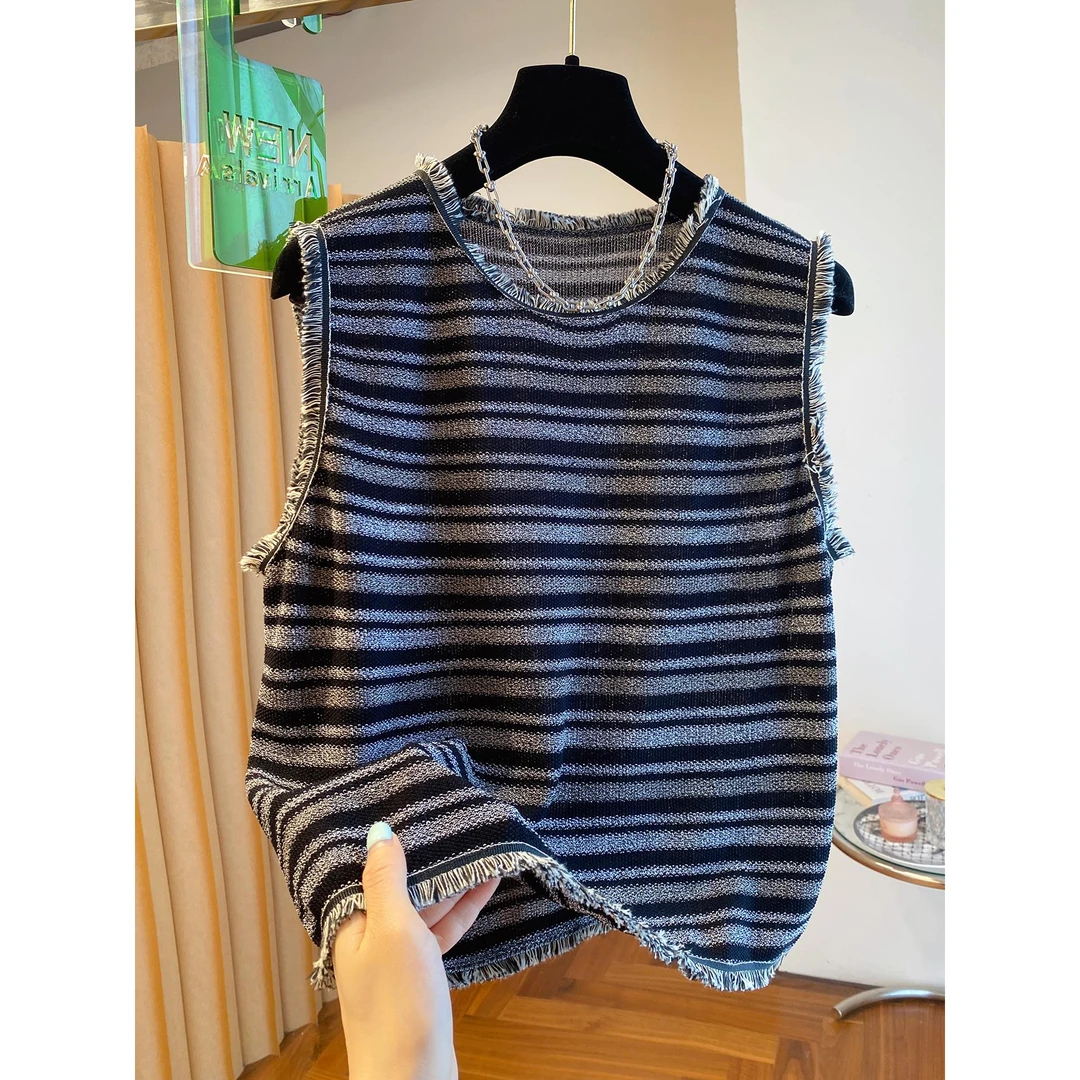 加大码300斤夏季韩里韩气无袖上衣2025宽松休闲百搭薄款条纹t恤男