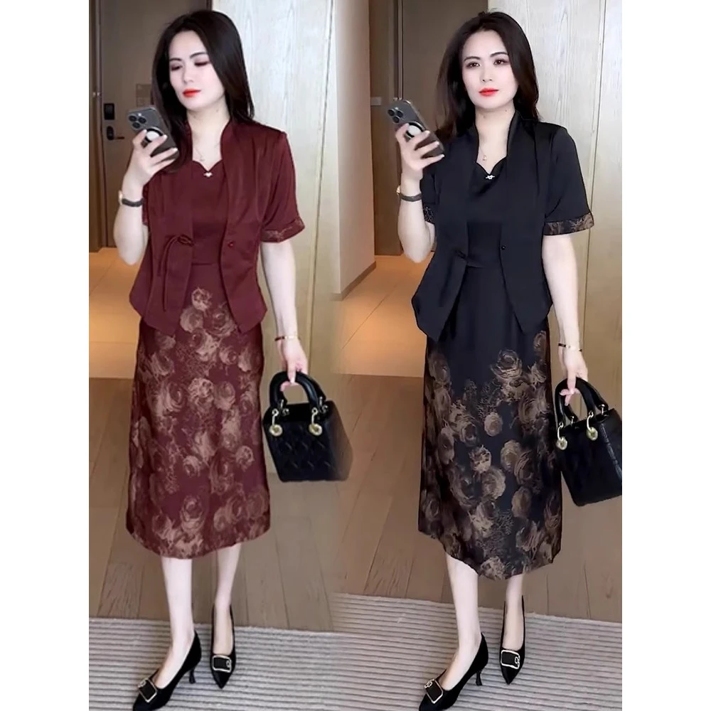 时尚套装裙女2025夏季新款洋气减龄显瘦百搭短袖上衣连衣裙两件套