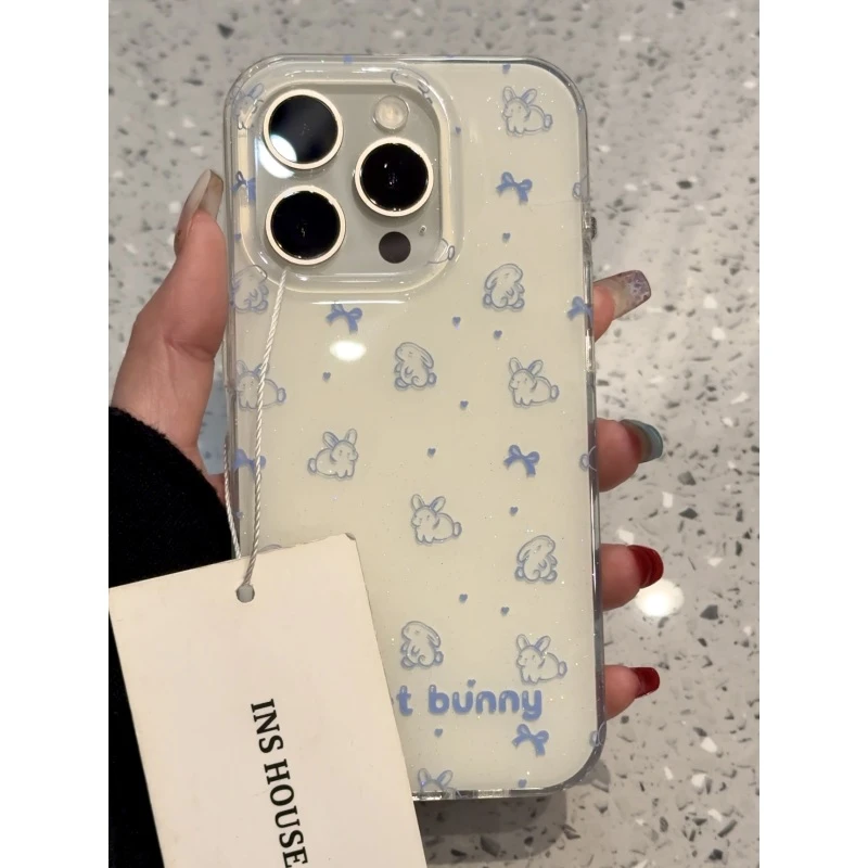 韩系可爱蓝色线条兔子适用ihone16promax苹果15pro手机壳14新款13