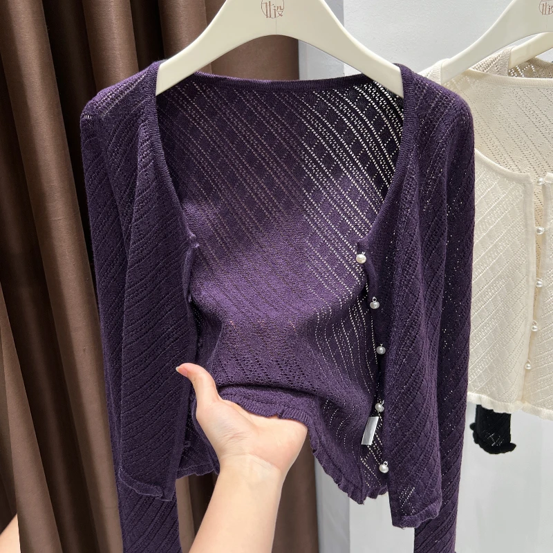 紫色圆领珍珠扣针织开衫女2025秋季新款法式小香风薄款披肩外套