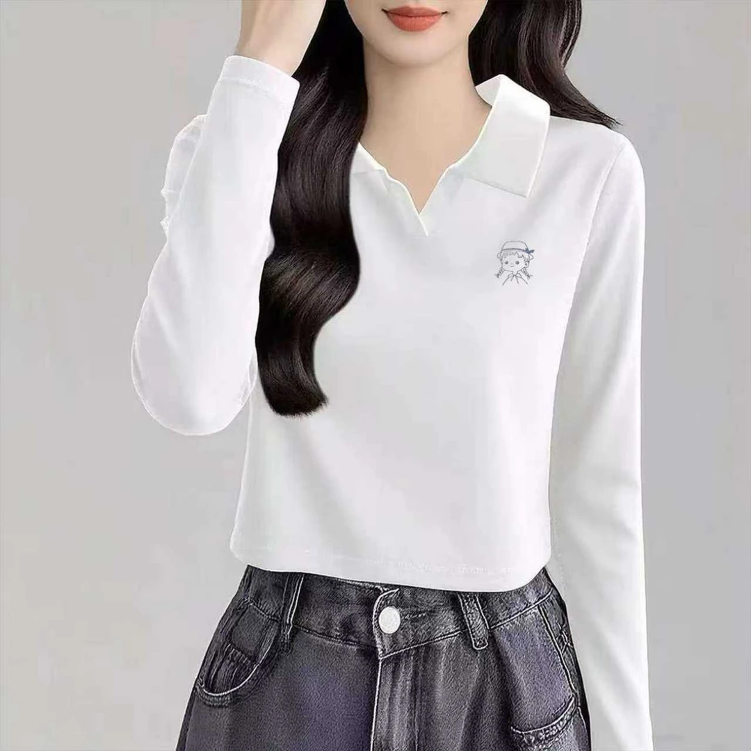 白色正肩加绒POLO领打底衫女内搭2025新款秋冬修身长袖T恤上衣潮